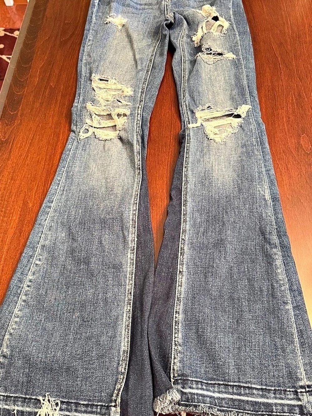 ZENANA High Rise Distressed Flare Jeans Distressed Flare Jeans in Blue